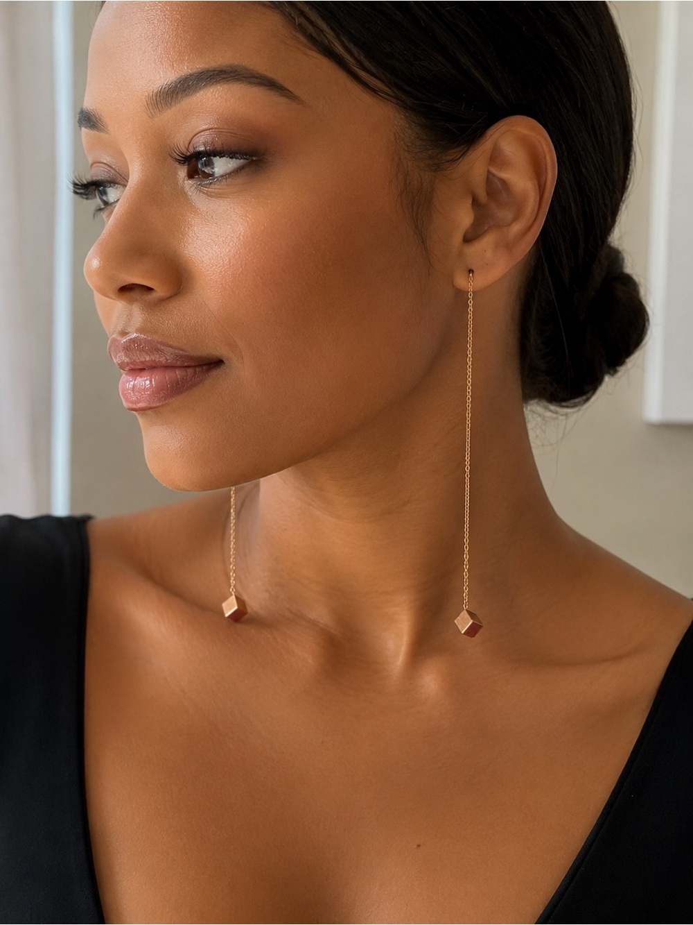 Gold Threader Cube Drop Earrings - Minimalist Women Jewelry